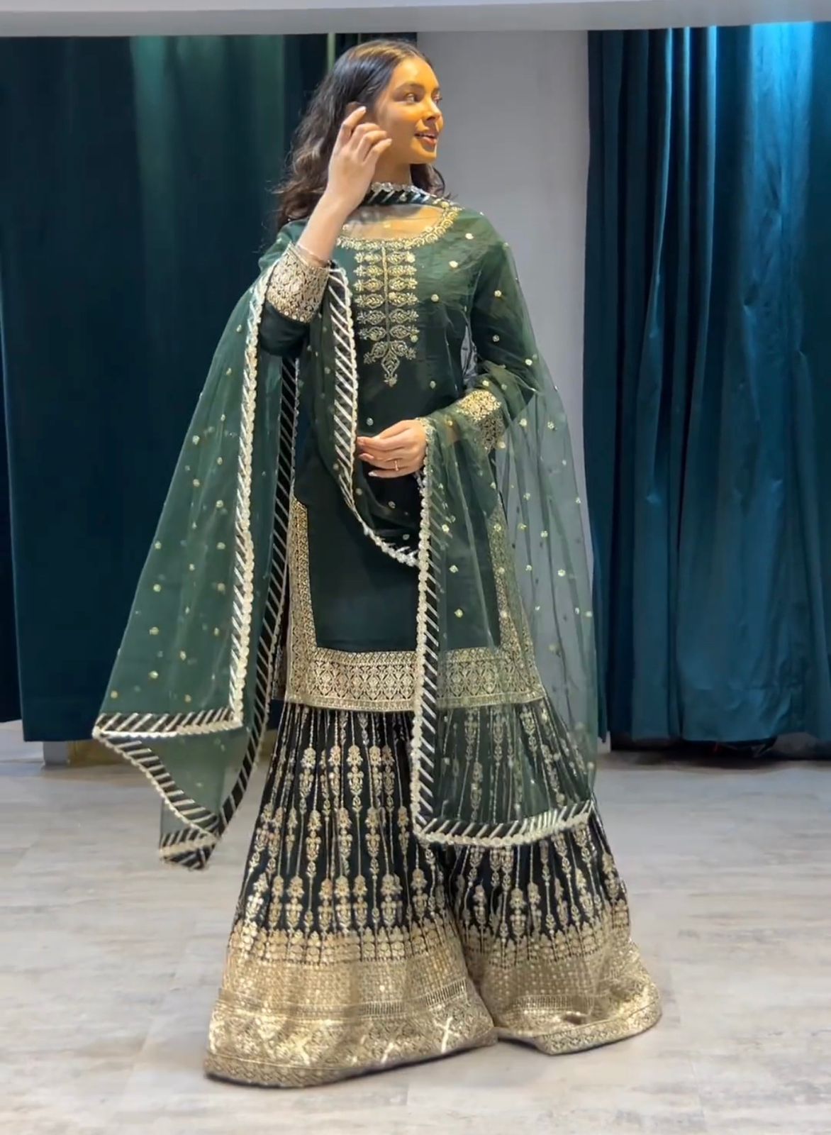 Dark Green Color Embroidery Sequence Work Sharara Suit