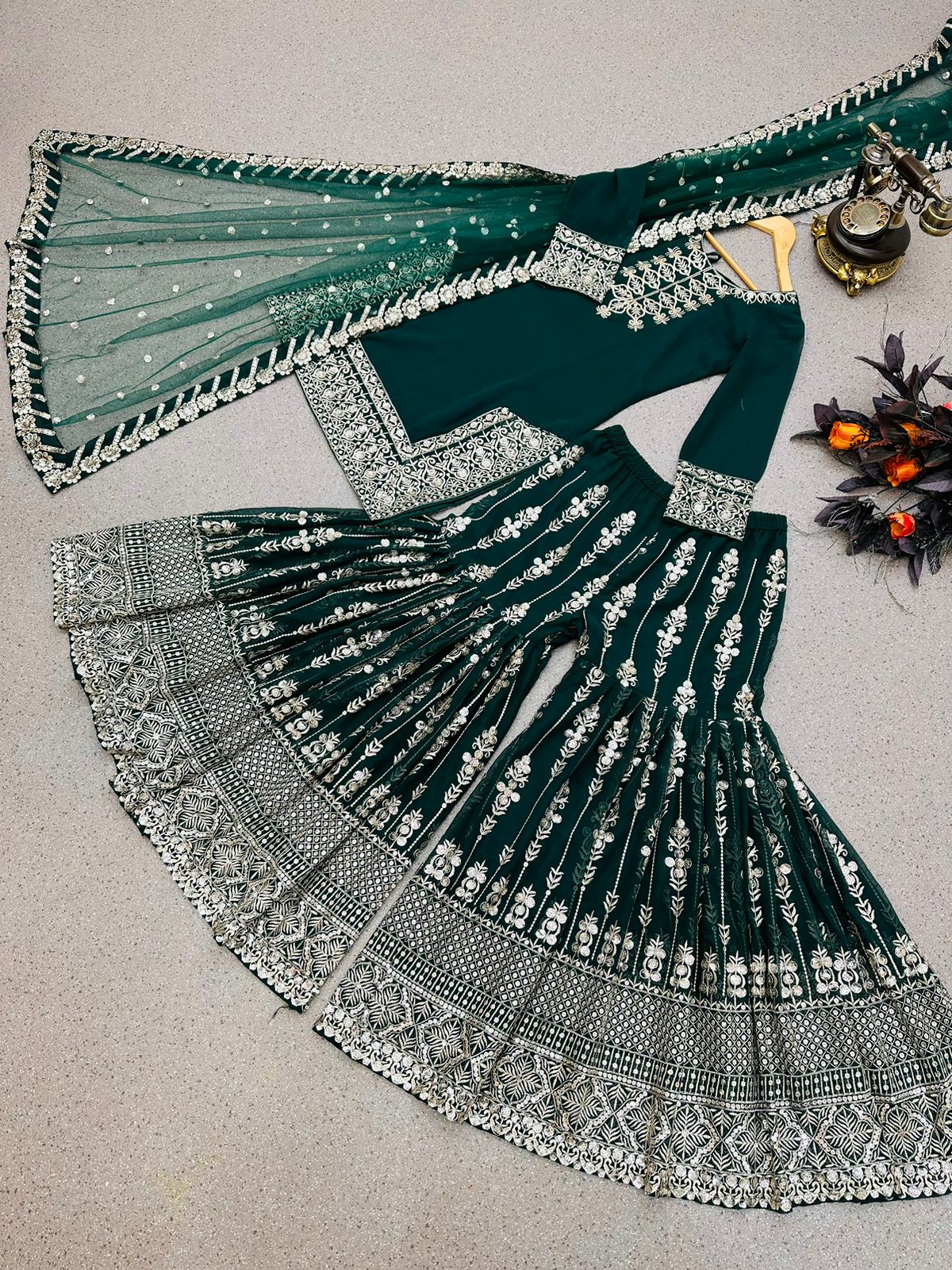 Dark Green Color Embroidery Sequence Work Sharara Suit