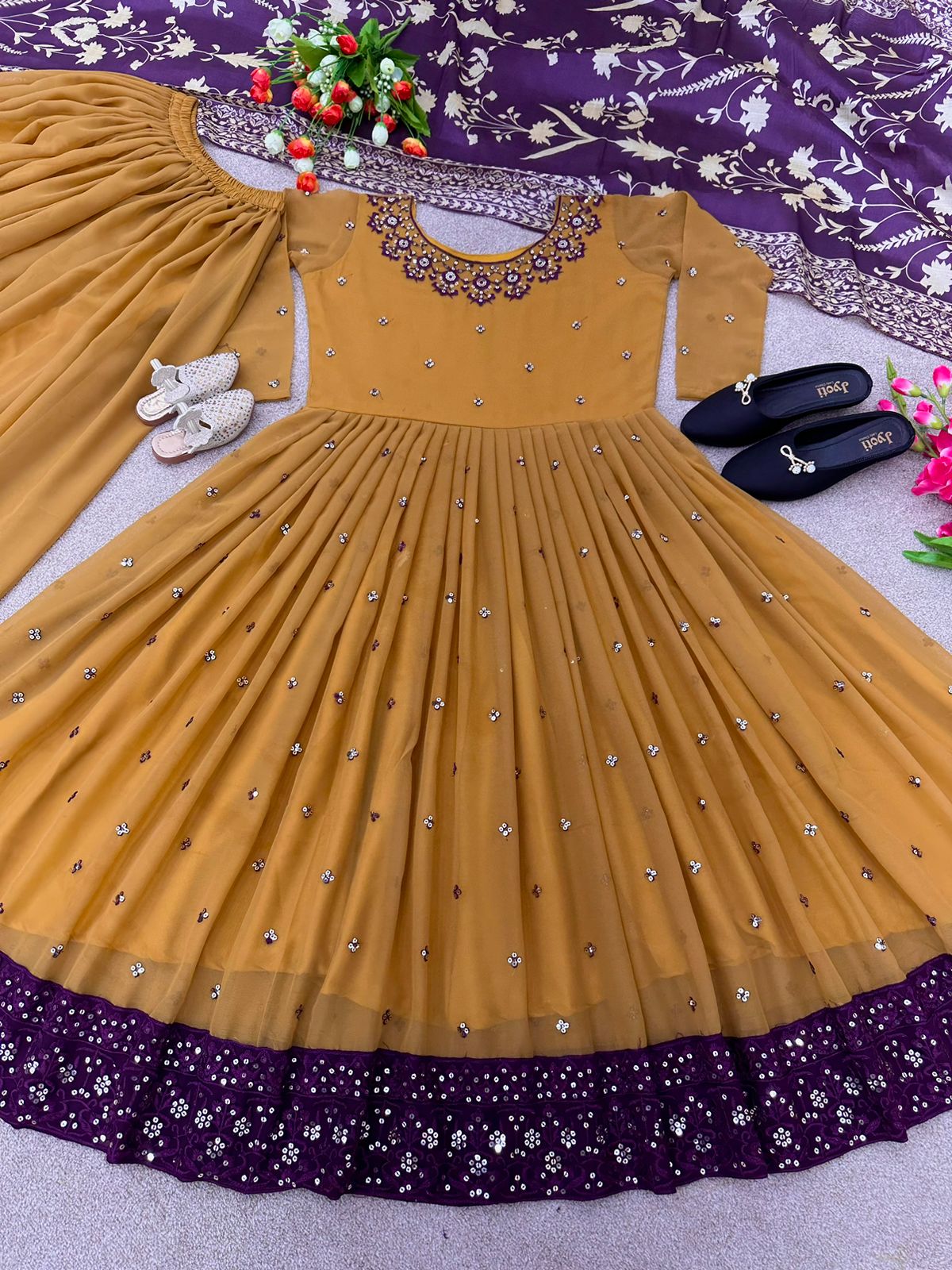 Stunning Mustard Color Full Sleeve Anarkali Top With Palazzo