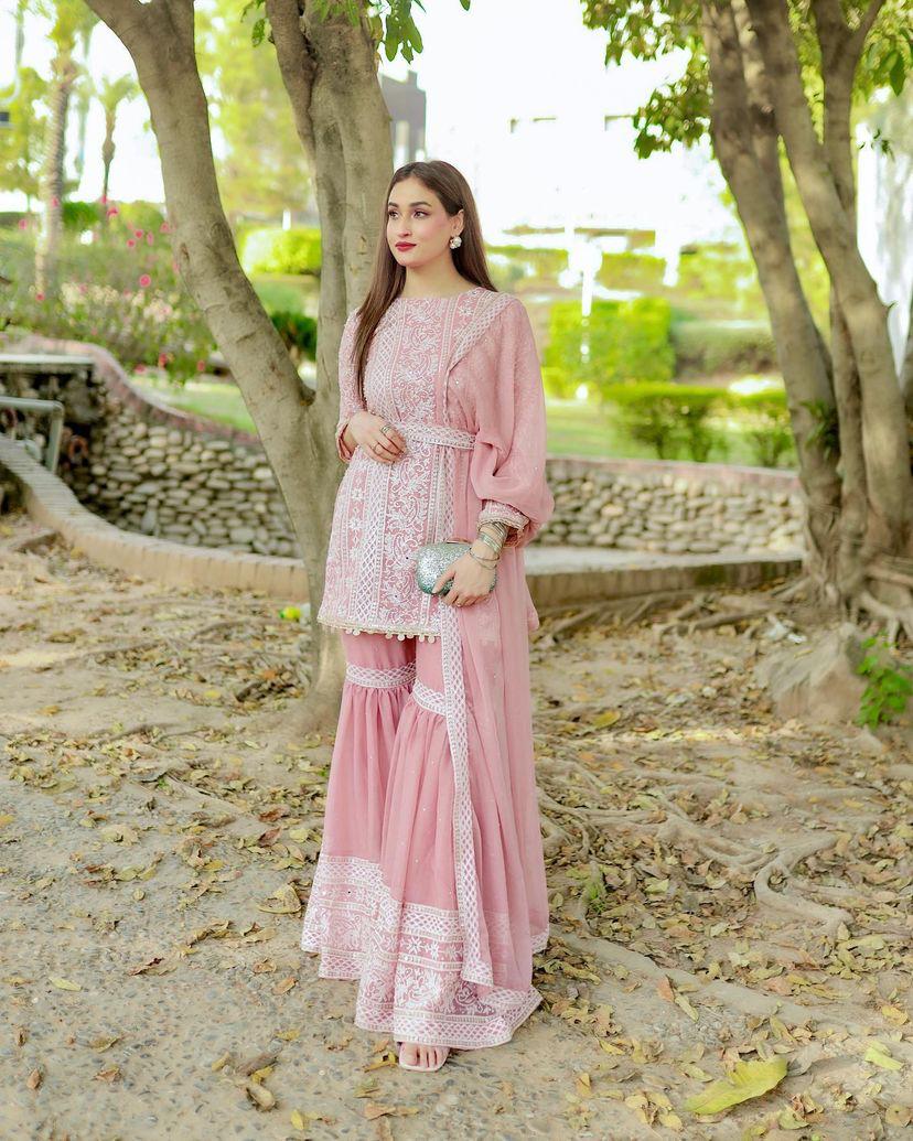 Pretty Light Pink Color Thread Sequence Work Sharara Suit