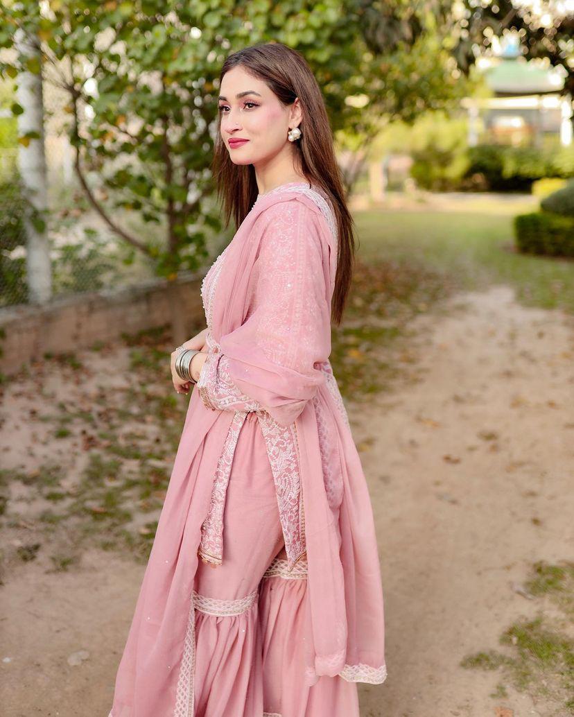 Pretty Light Pink Color Thread Sequence Work Sharara Suit