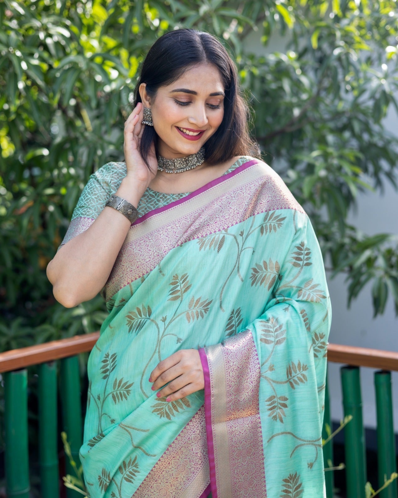 Kanjivaram Pattern Aqua Green Color Banarasi Silk Saree