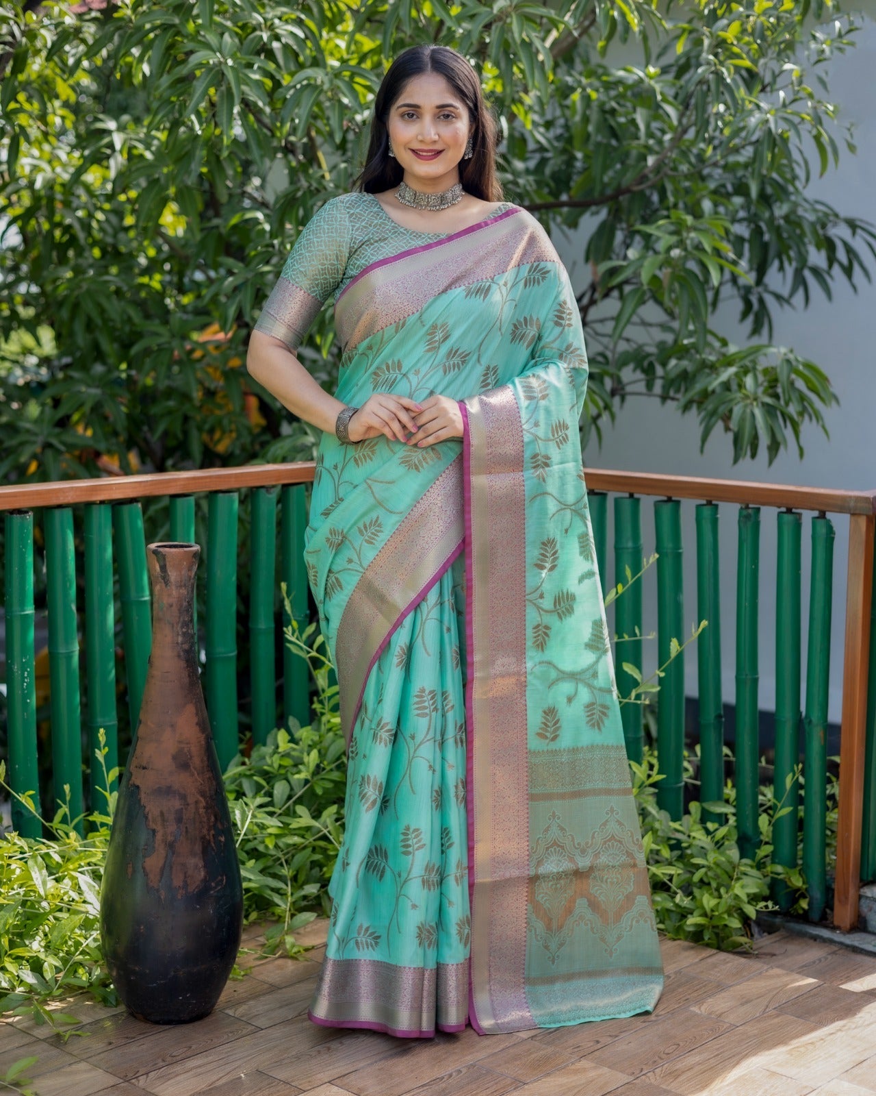 Kanjivaram Pattern Aqua Green Color Banarasi Silk Saree