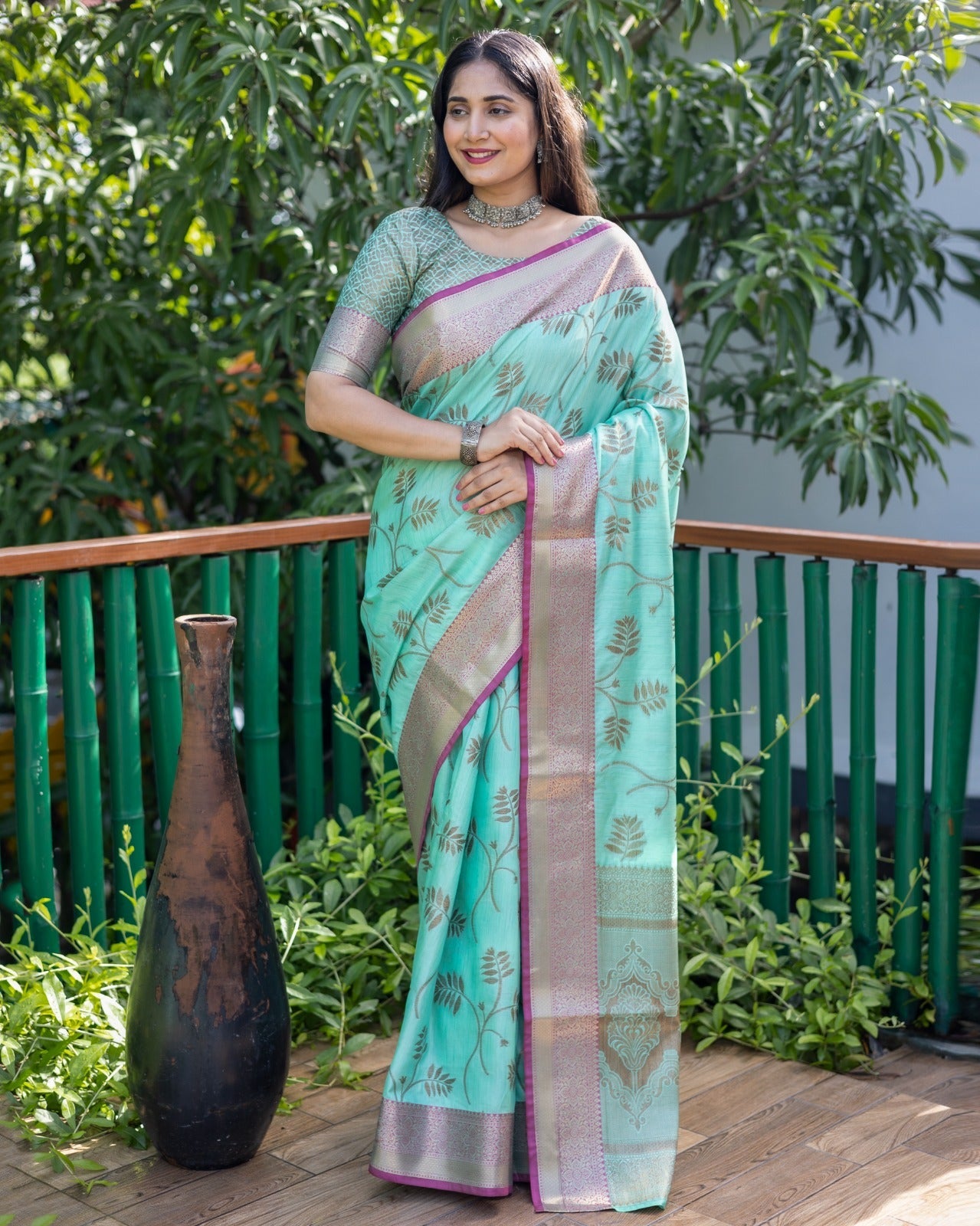 Kanjivaram Pattern Aqua Green Color Banarasi Silk Saree