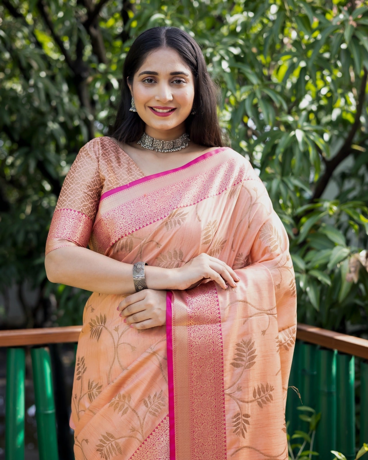 Kanjivaram Pattern Peach Color Banarasi Silk Saree