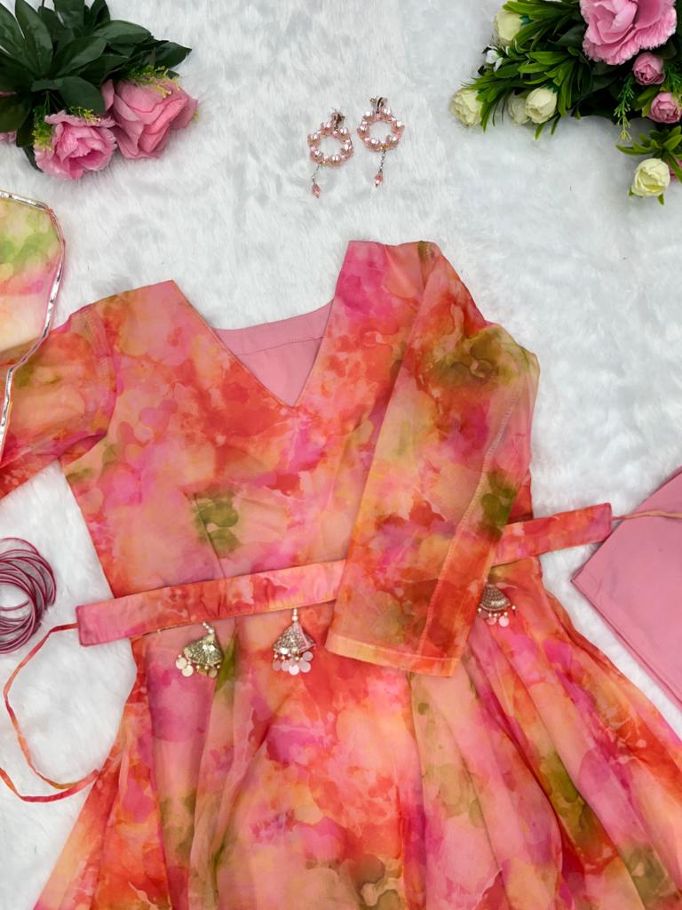 Pretty Organza Silk Peach Printed Anarkali Gown With Belt