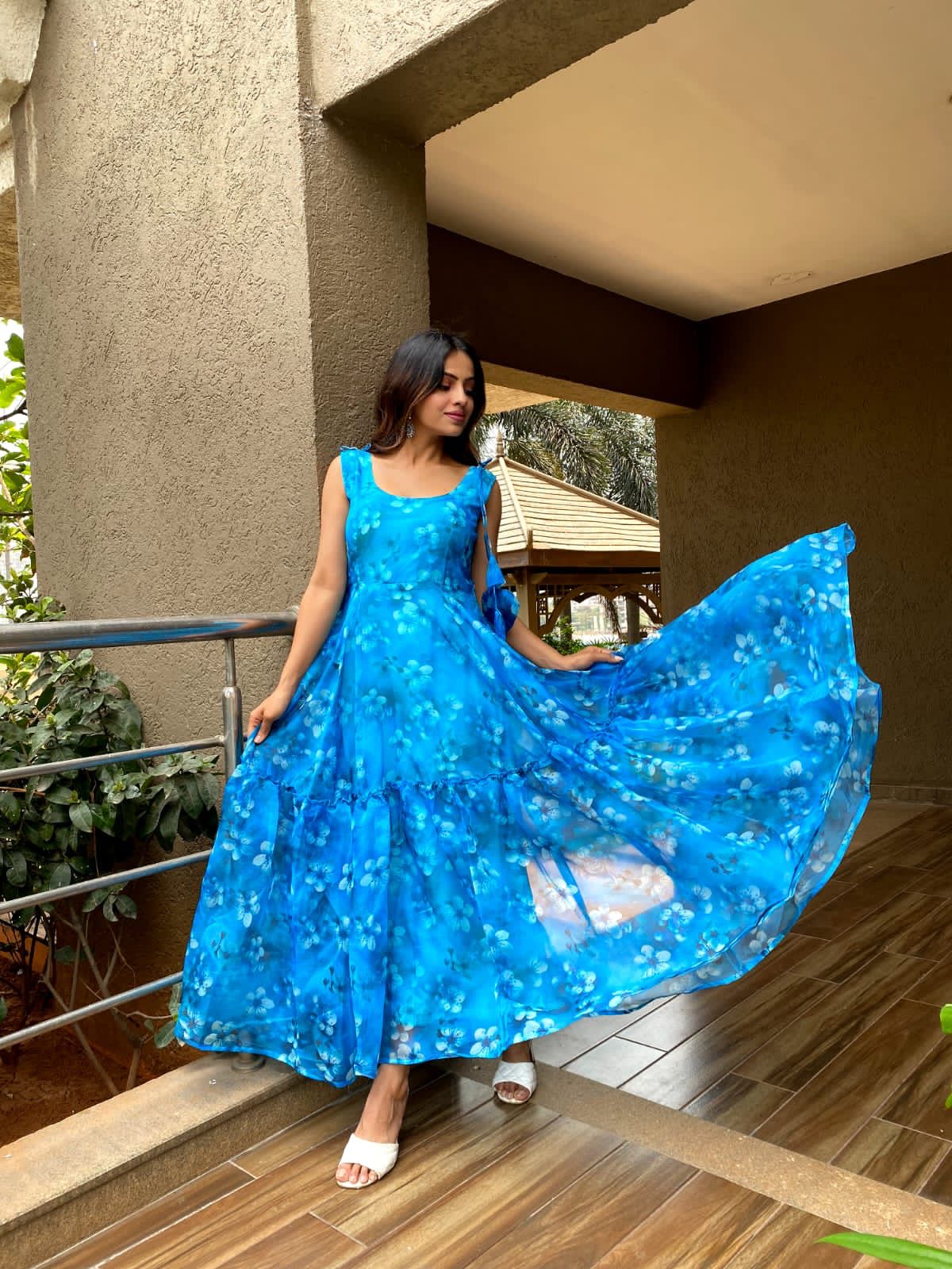 Preferable Sky Blue Color Printed Organza Silk Gown