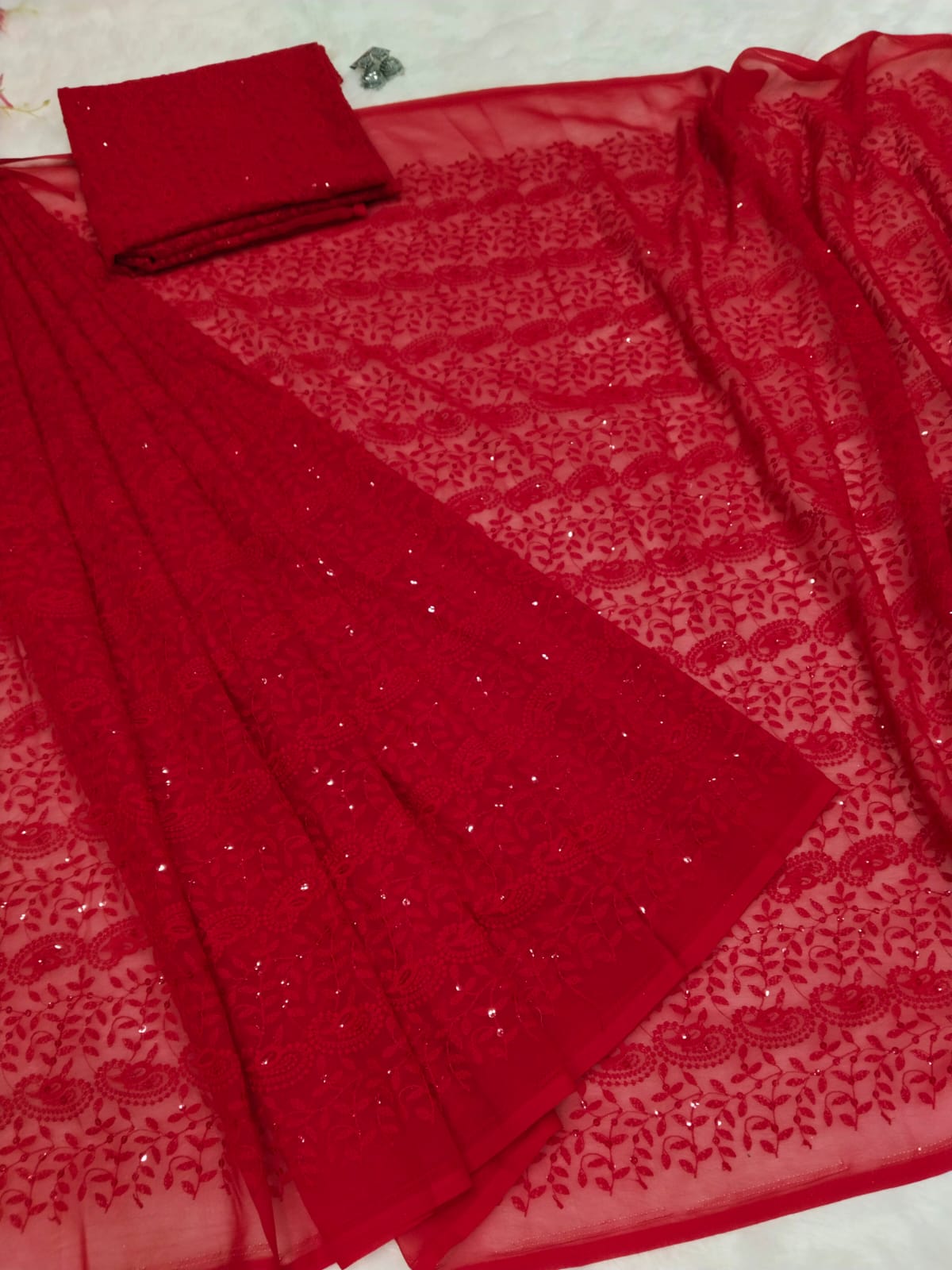 Chikankari Work Red Color Ready To Wear Saree