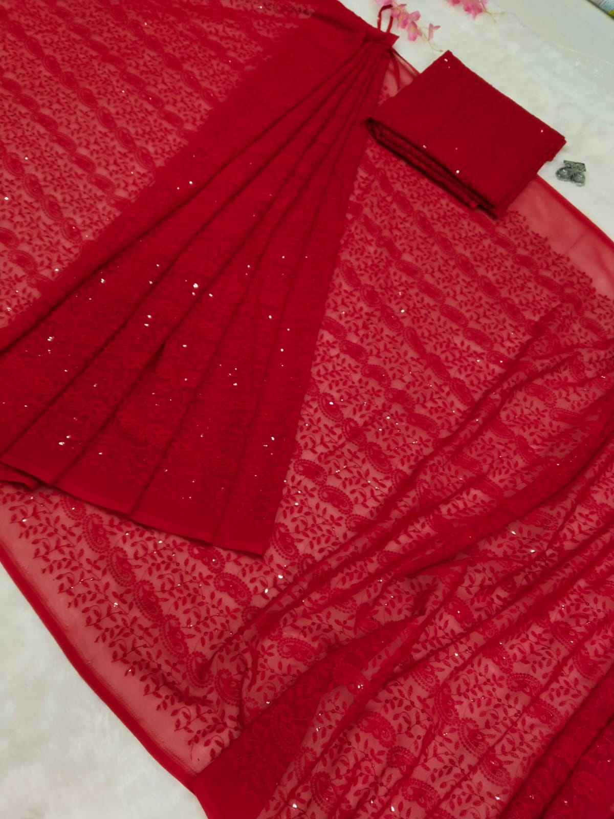 Chikankari Work Red Color Ready To Wear Saree