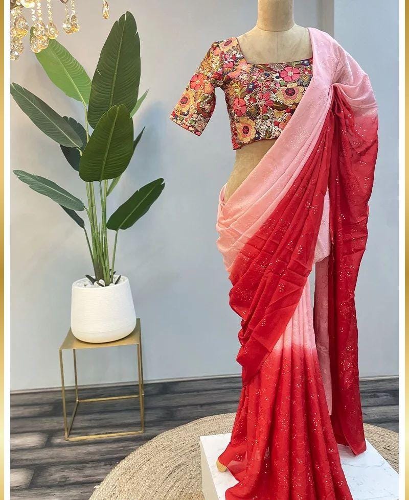 Double Tone Red And Peach Color Lovely Work Saree