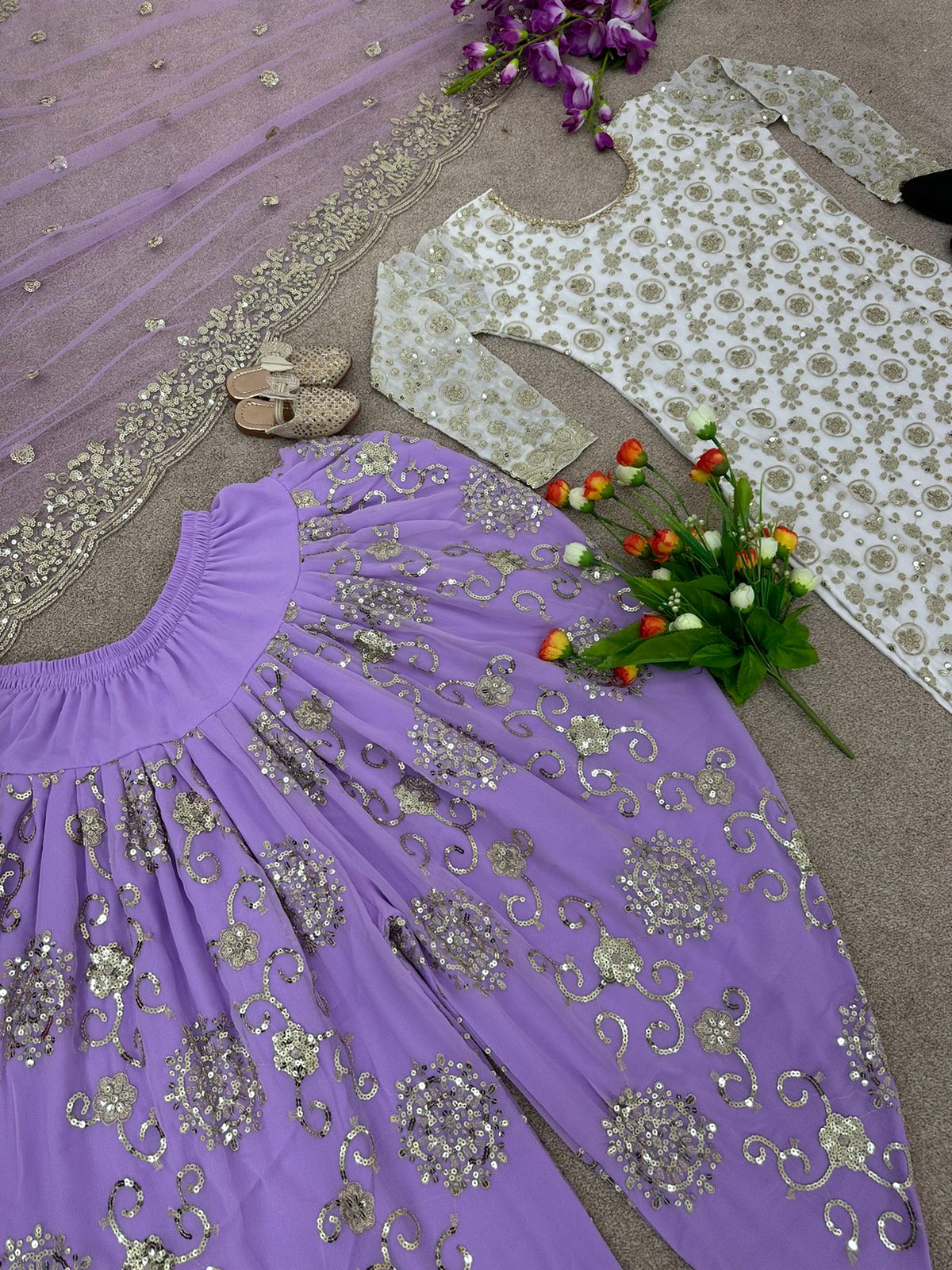 Glorious Lavender Color Sequence Work Top With Panjabi Suit