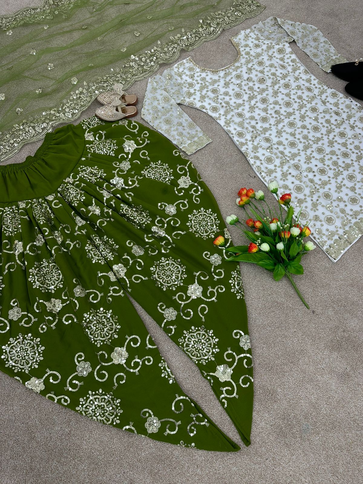 Glorious Green Color Sequence Work Top With Panjabi Suit