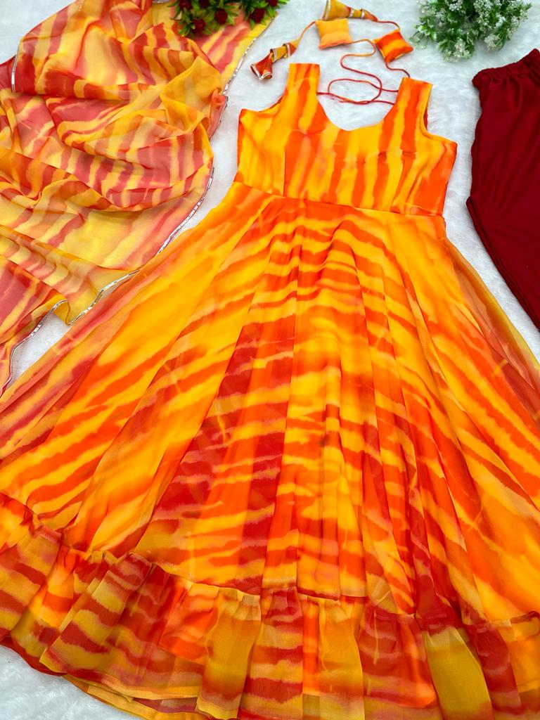 Glorious Orange With Yellow Color Printed Anarkali Suit