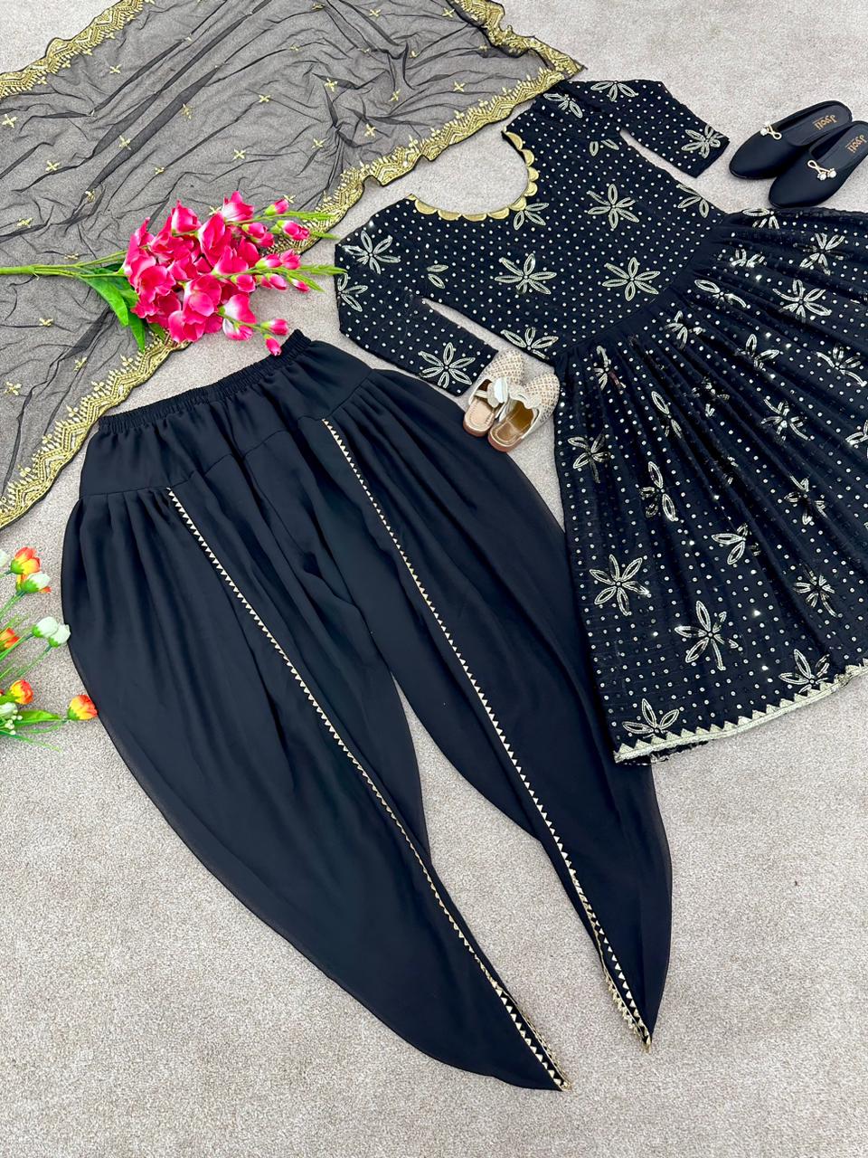 Fashionable Black Color Sequence Dhoti Suit