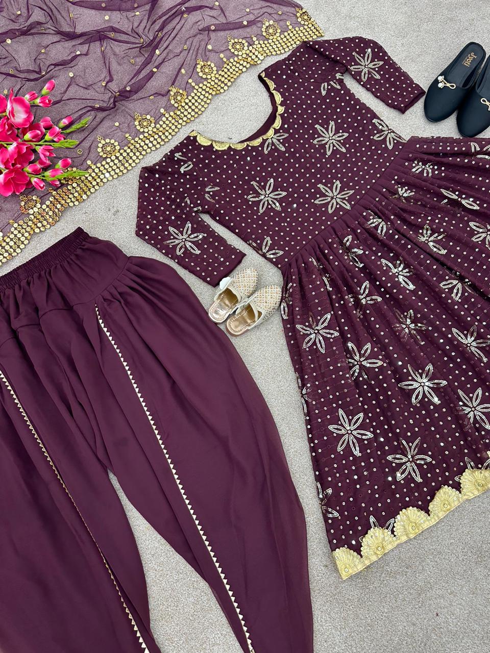 Fashionable Wine Color Sequence Dhoti Suit