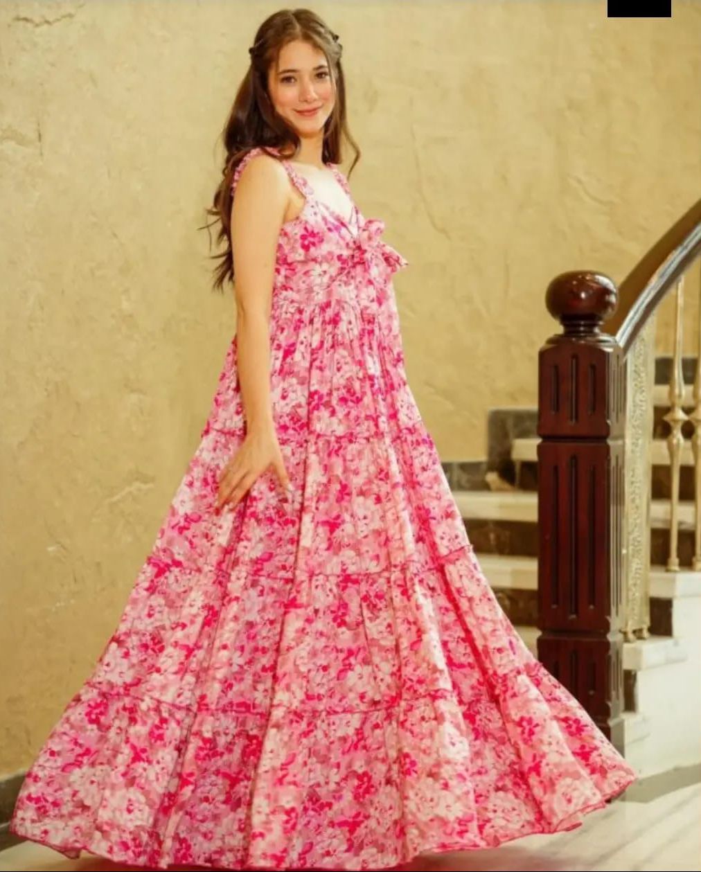 Casual Wear Pink Flower Print Cotton Long Dress