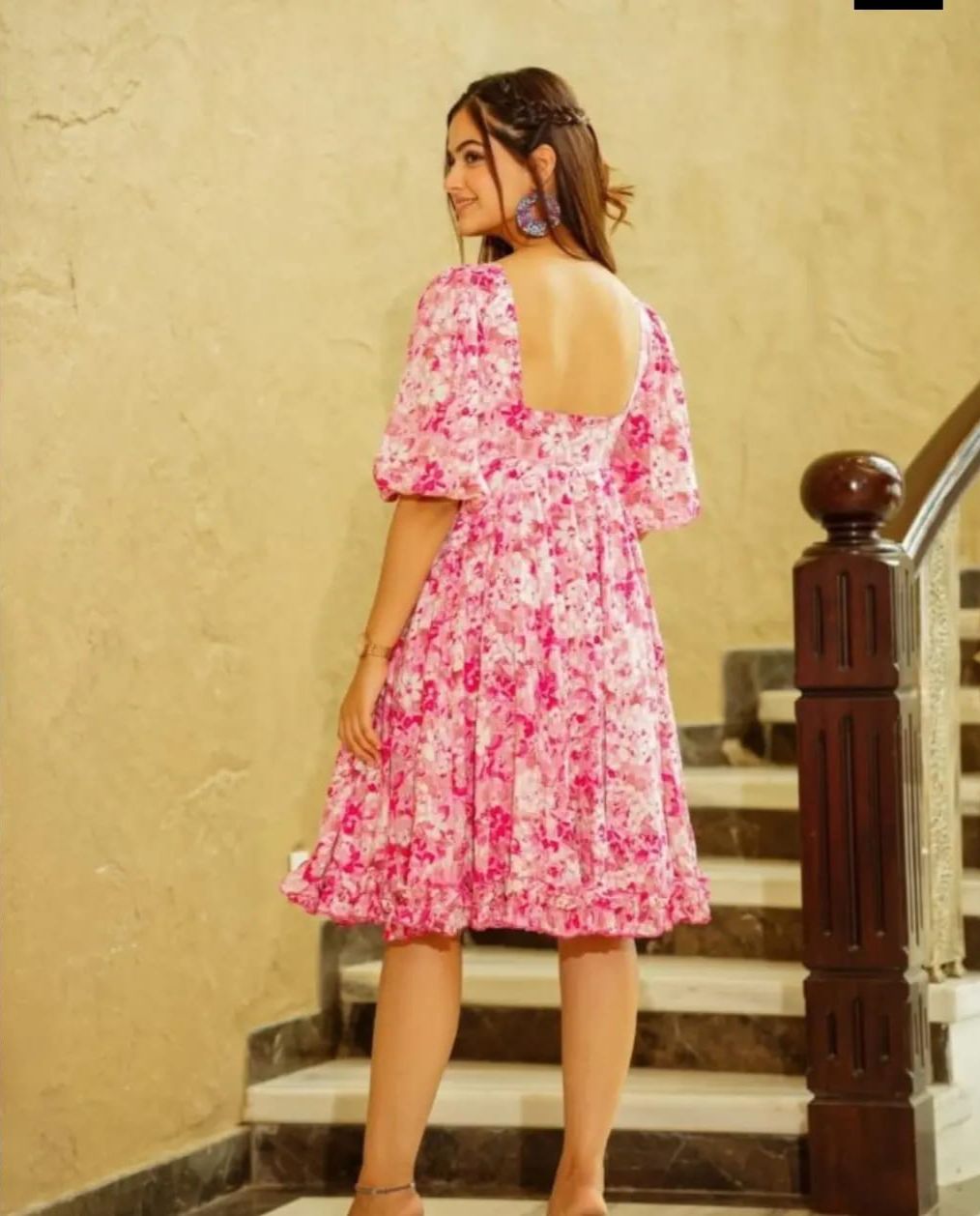 Casual Wear Pink Flower Print Cotton Short Dress