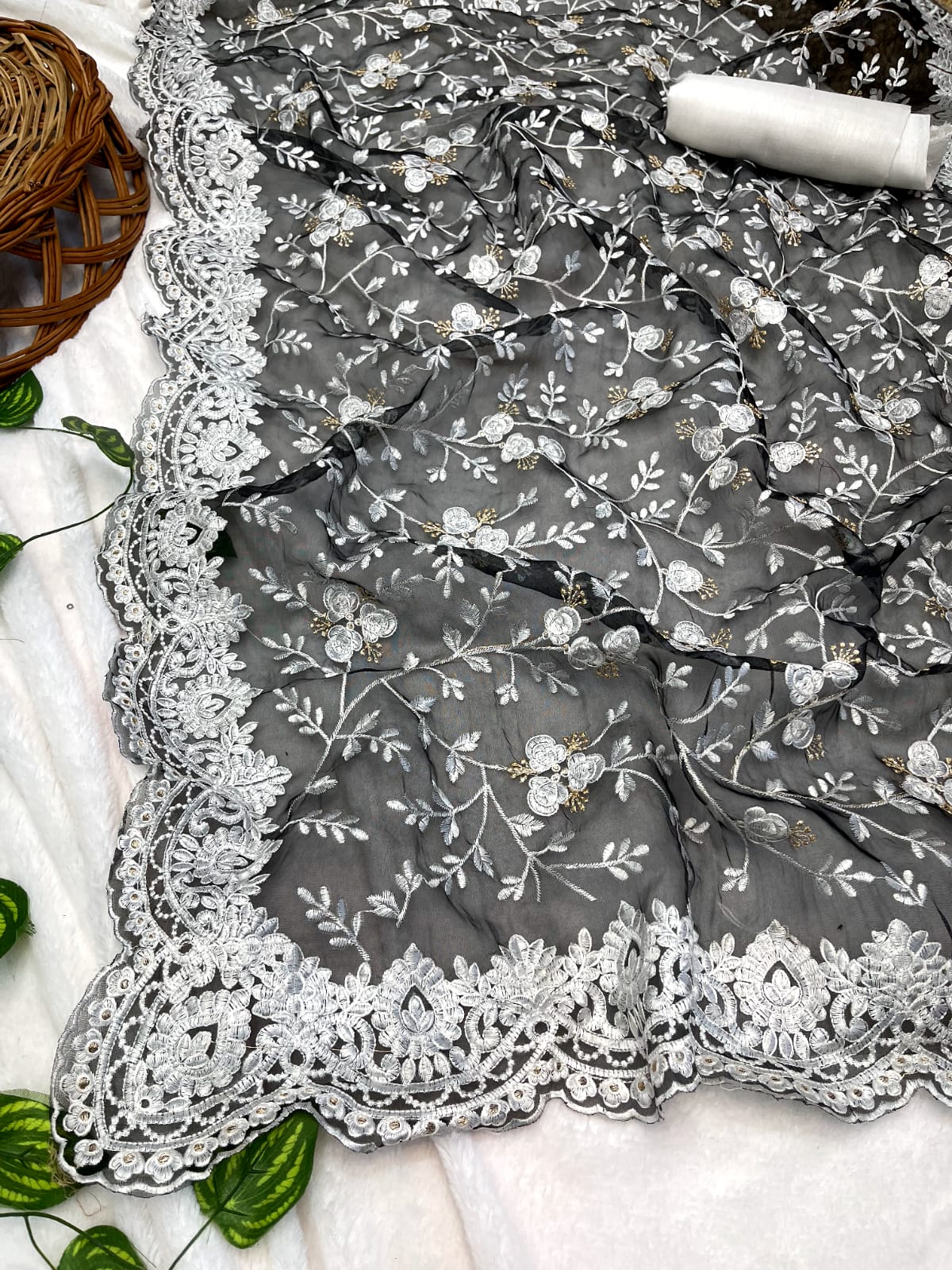 Elegant Thread Work Black Color Organza Silk Saree