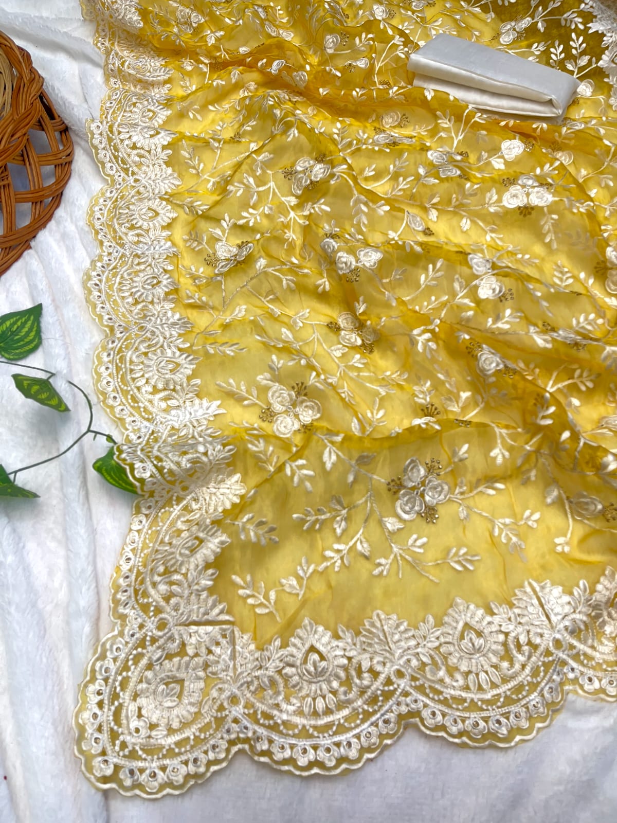Elegant Thread Work Yellow Color Organza Silk Saree