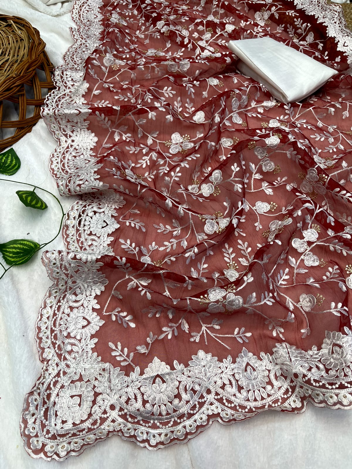 Elegant Thread Work Maroon Color Organza Silk Saree