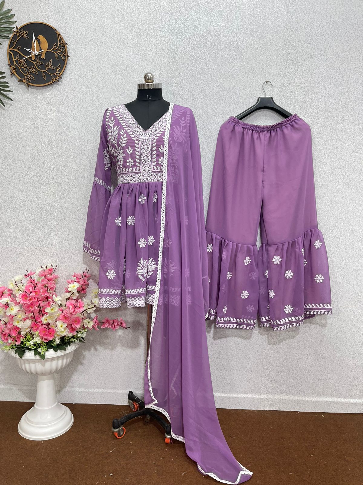 Celebrity Style Lavender Color Embroidered Sharara Suit
