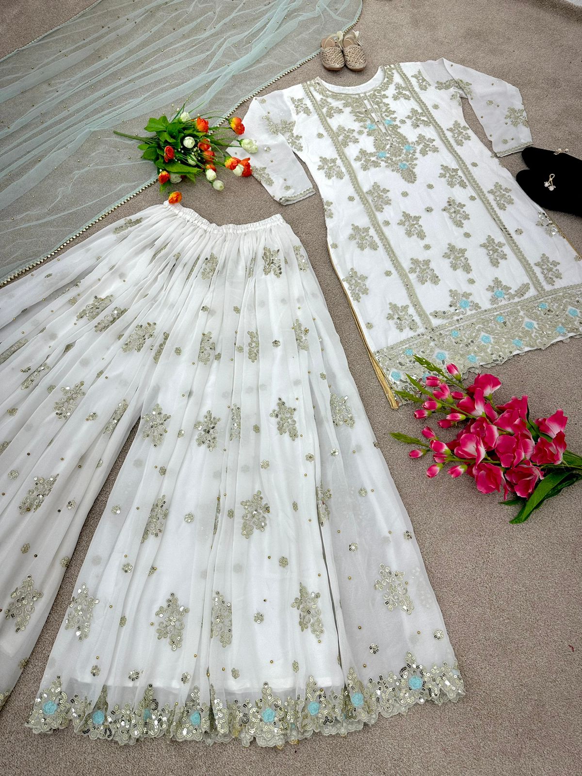 Festive Wear Sequence Work White Color Sharara Suit