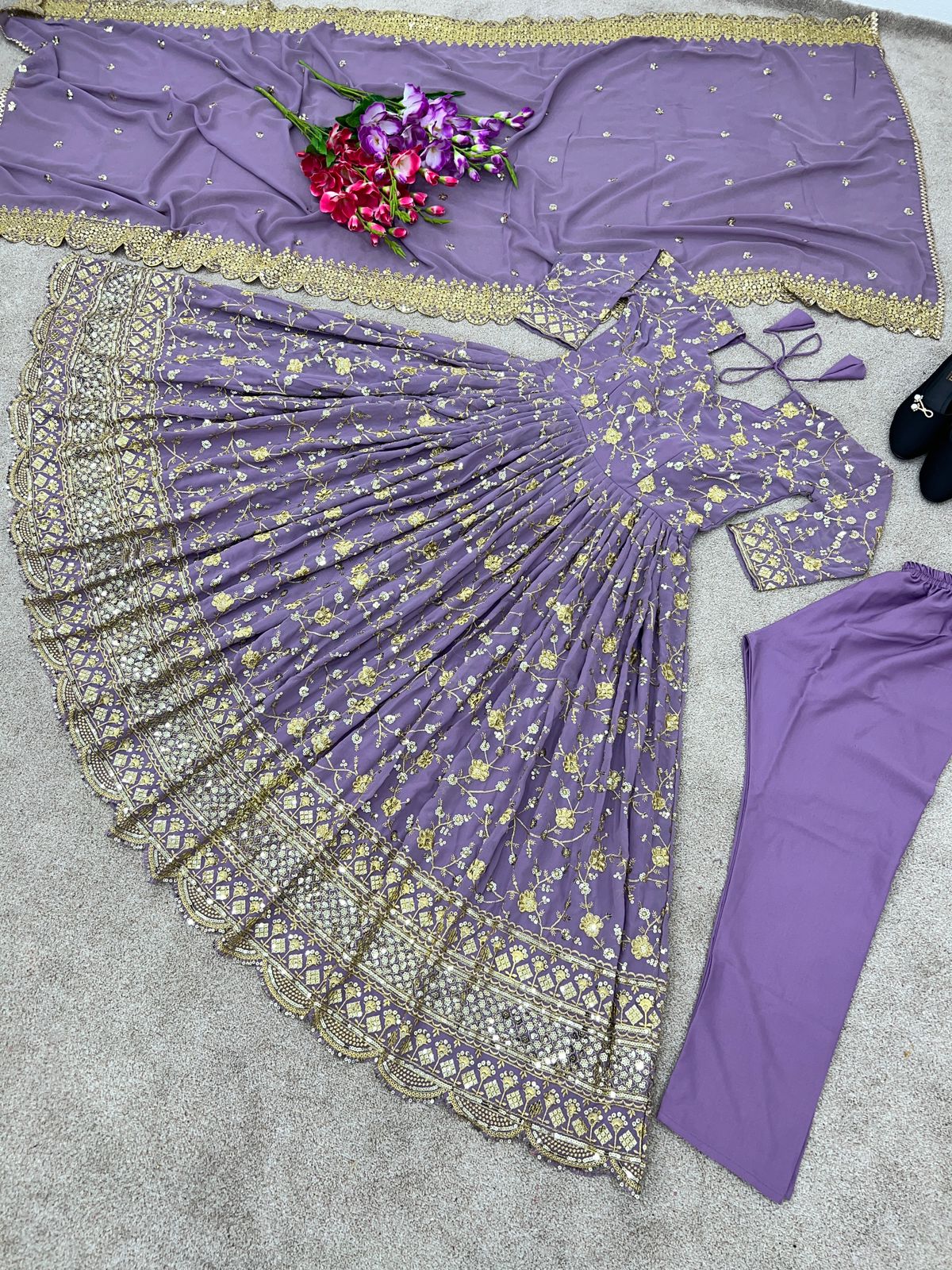 Heavy Embroidery Sequence Work Lavender Color Gown