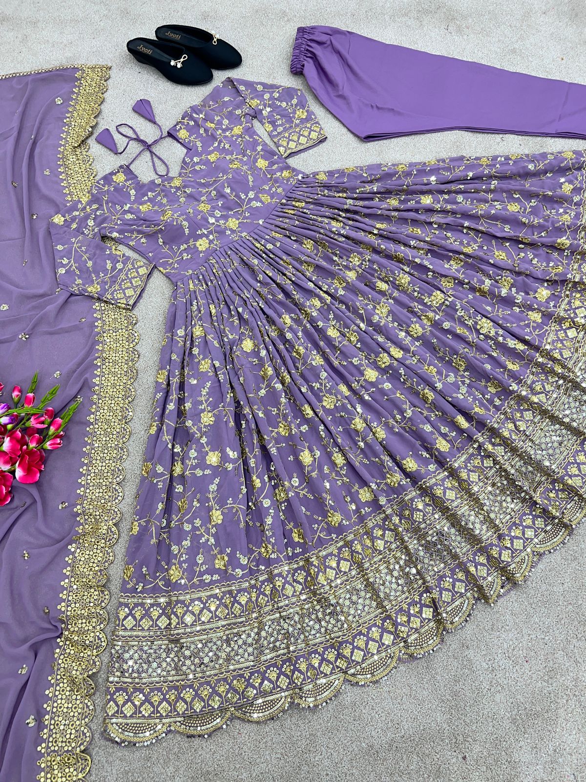 Heavy Embroidery Sequence Work Lavender Color Gown