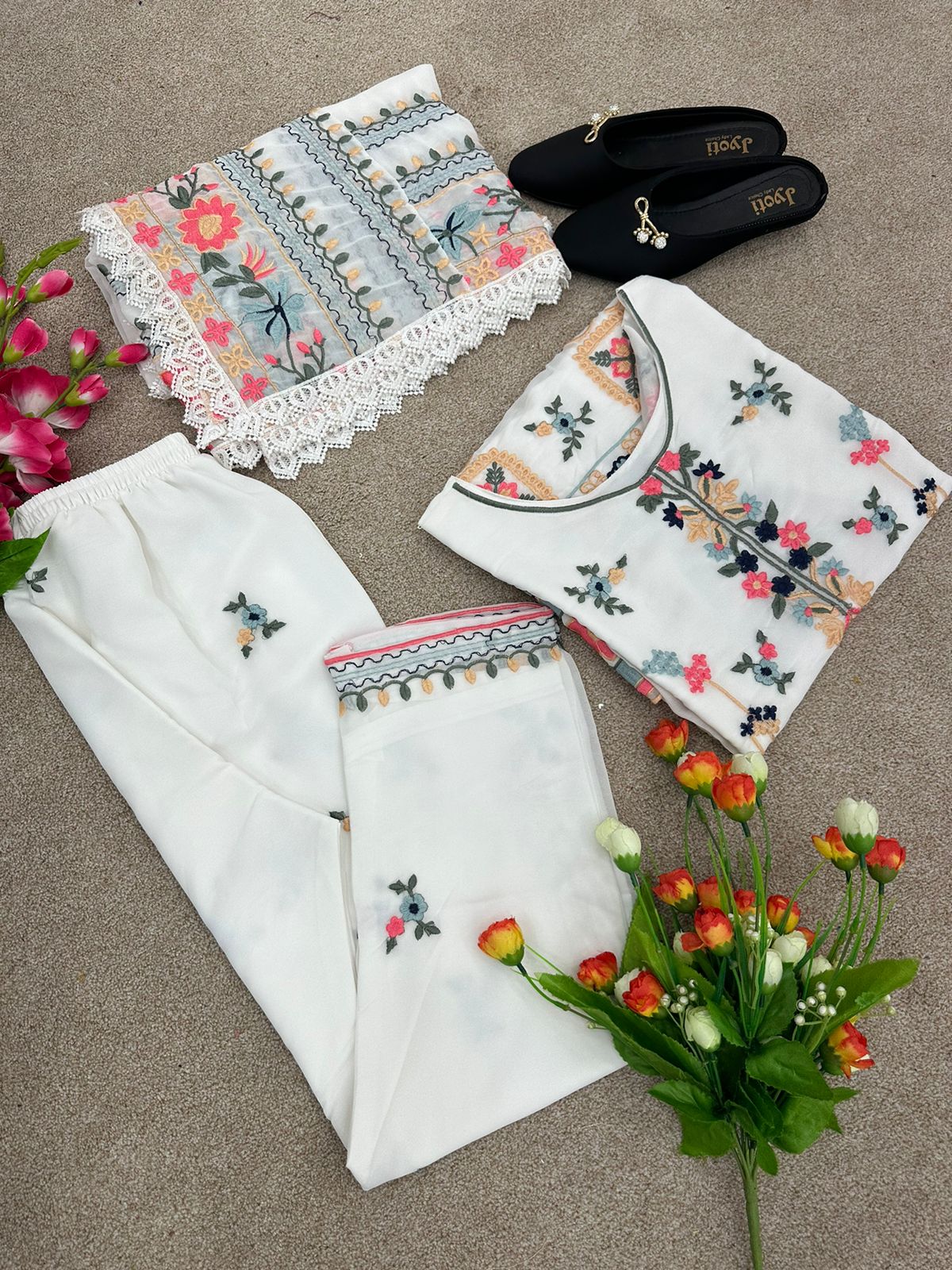 Alluring White Color Embroidery Cotton Tread Work Suit