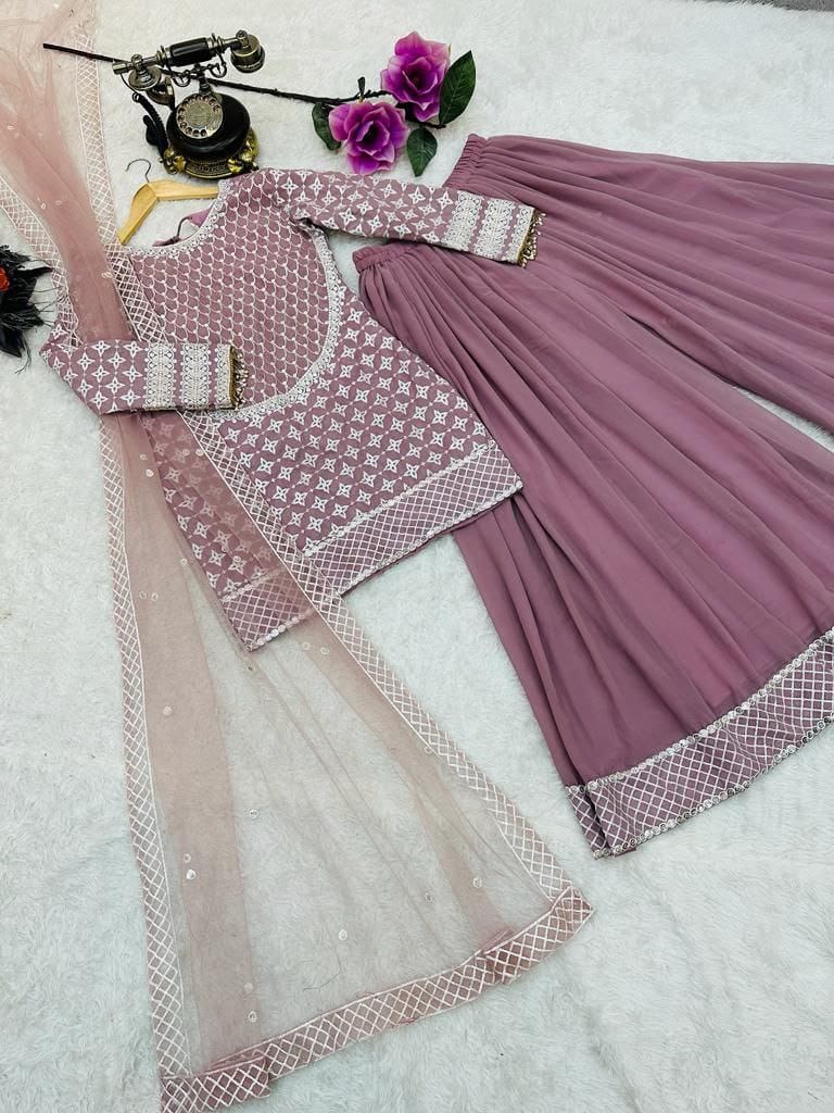 Presenting Dusty Pink Color Heavy Work Sharara Suit