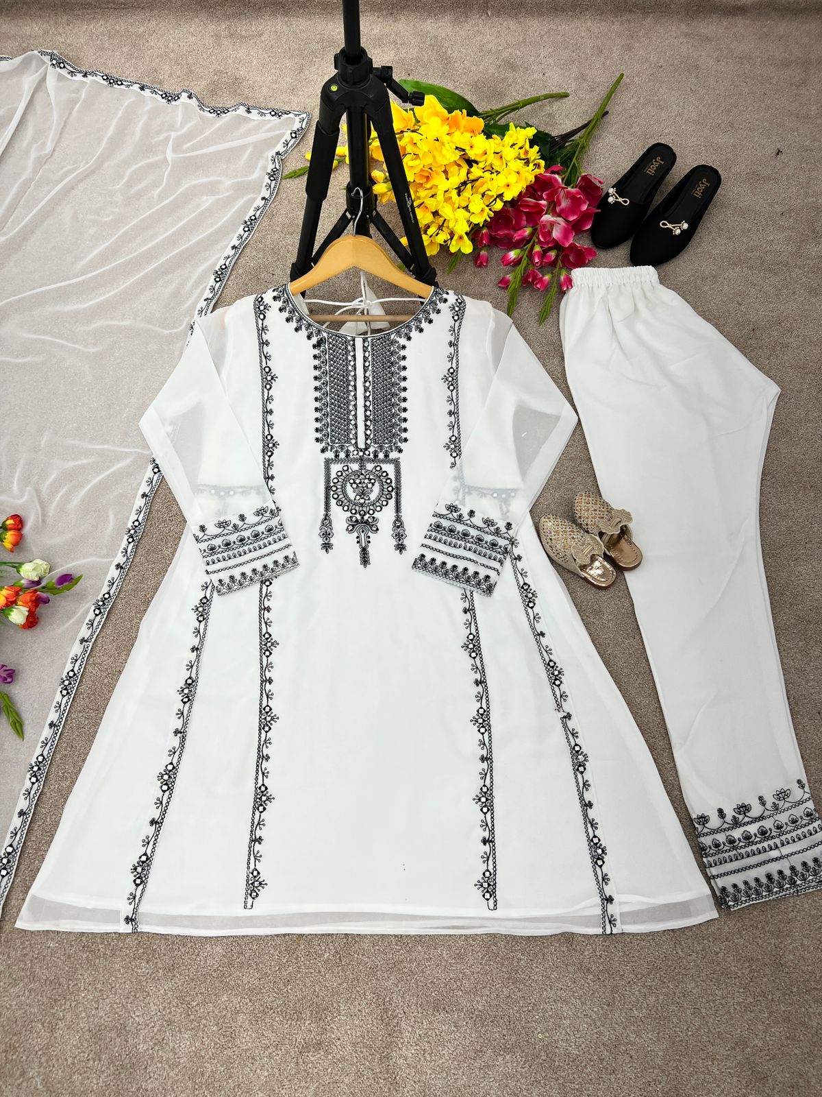 Unique White Color Mirror Embroidery Work Salwar Suit