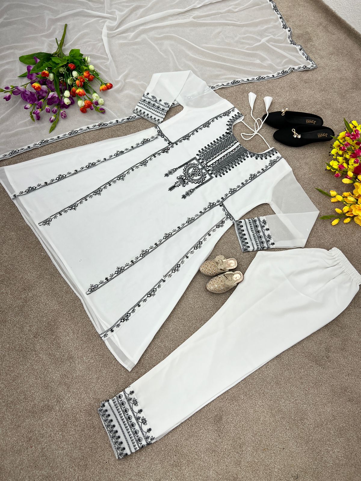 Unique White Color Mirror Embroidery Work Salwar Suit