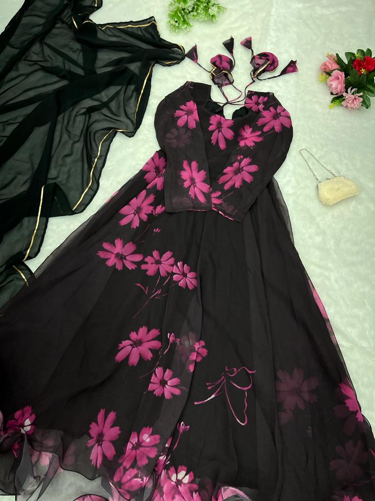 Black Color Flower Printed Pretty Gown