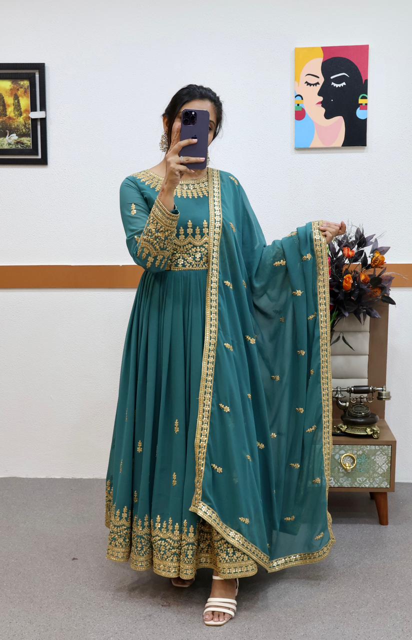 Aqua Green Color Sequence Embroidery Work Terrific Gown