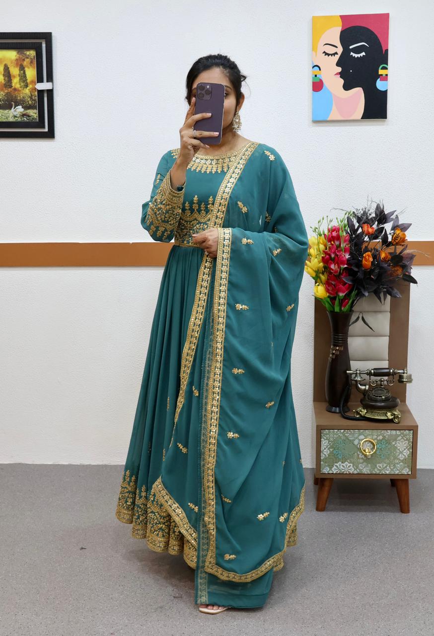Aqua Green Color Sequence Embroidery Work Terrific Gown