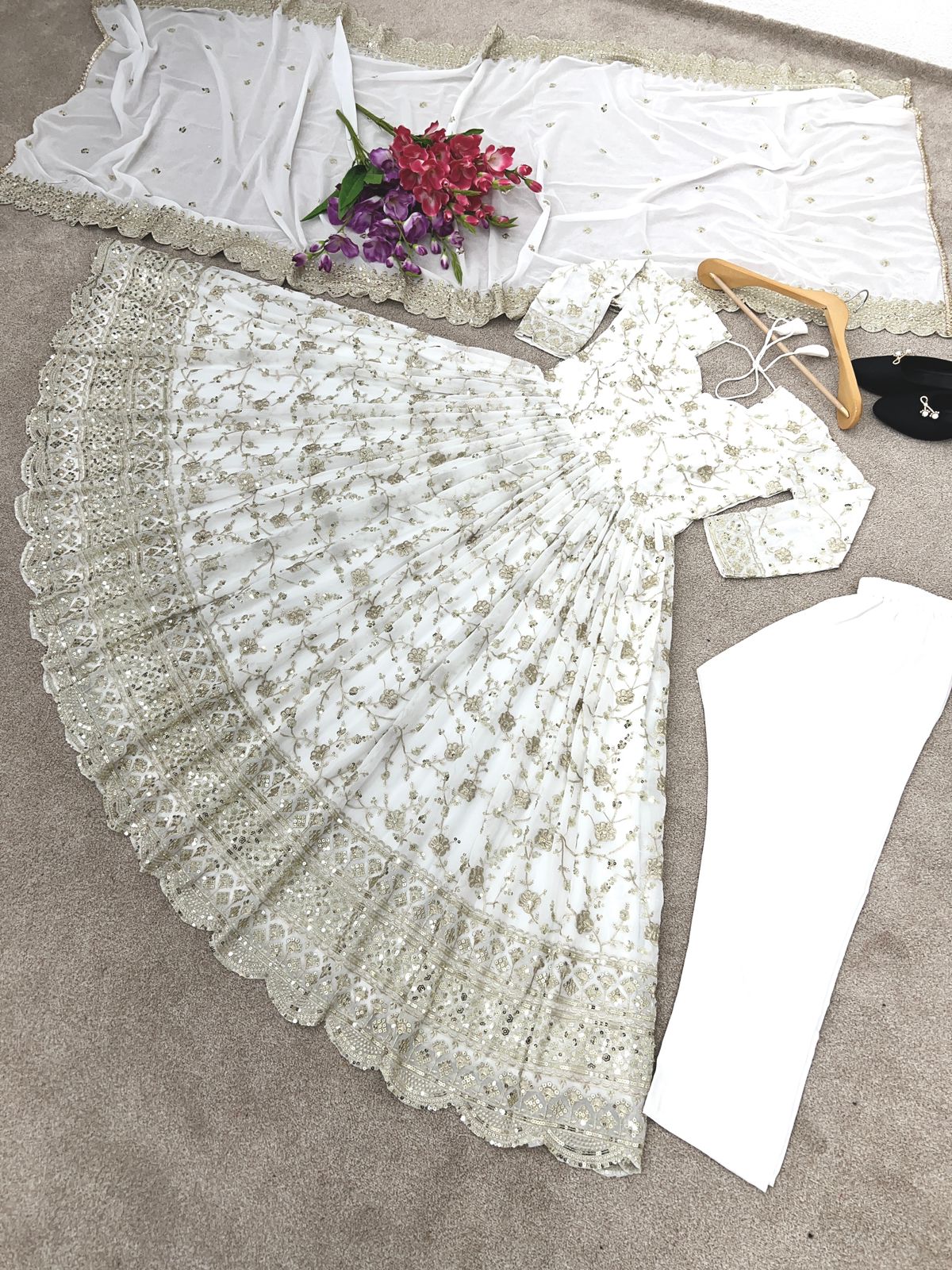 Heavy Embroidery Sequence Work White Color Gown