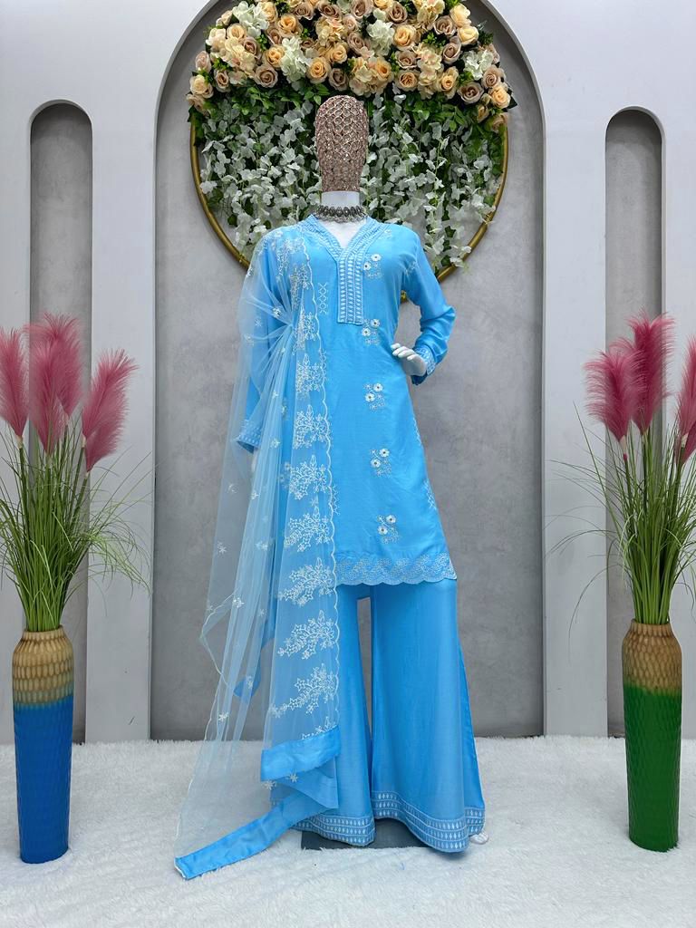 Amazing Sky Blue Color Thread Work Palazzo Suit