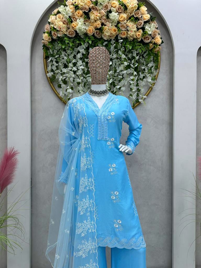 Amazing Sky Blue Color Thread Work Palazzo Suit