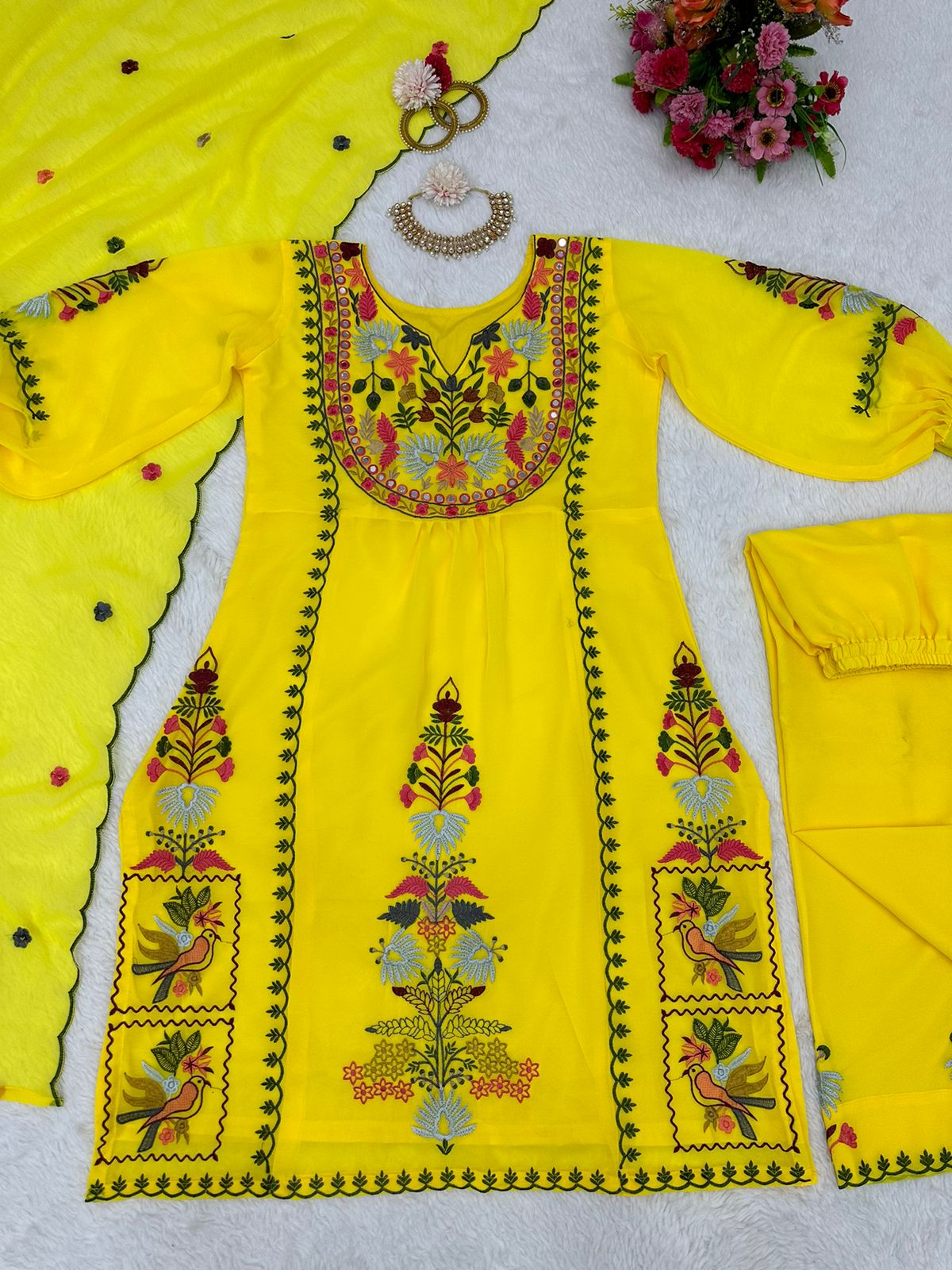 Yellow Color Mirror With Multi Thread Work Salwar Suit