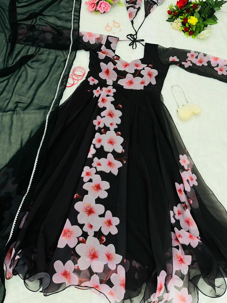 Black Color Pretty Flower Digital Printed Gown