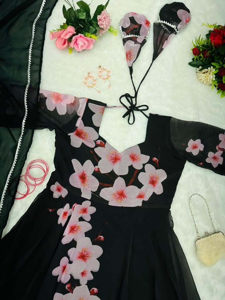 Black Color Pretty Flower Digital Printed Gown