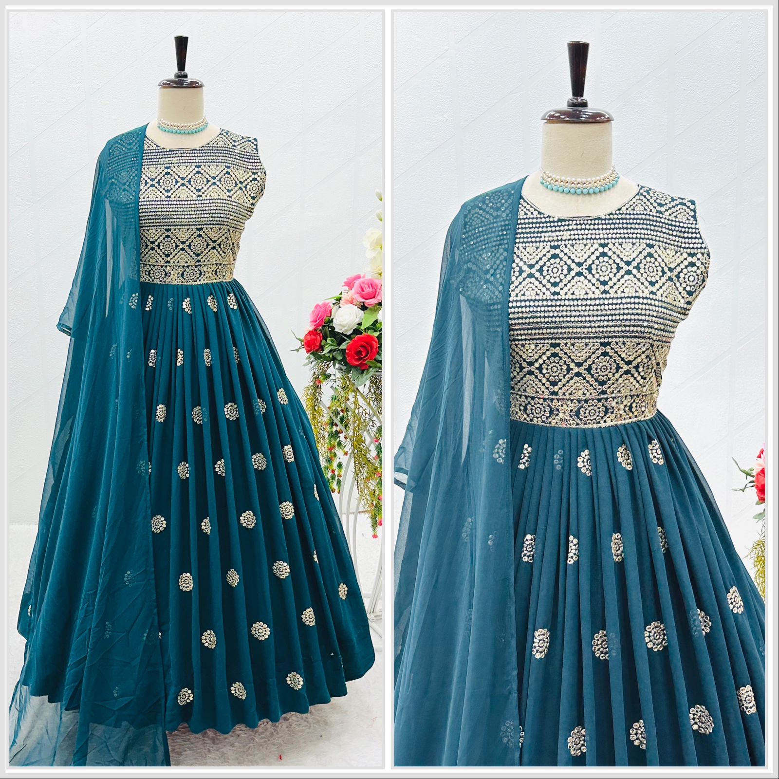 Teal Blue Color Sequence Embroidery Work Gown