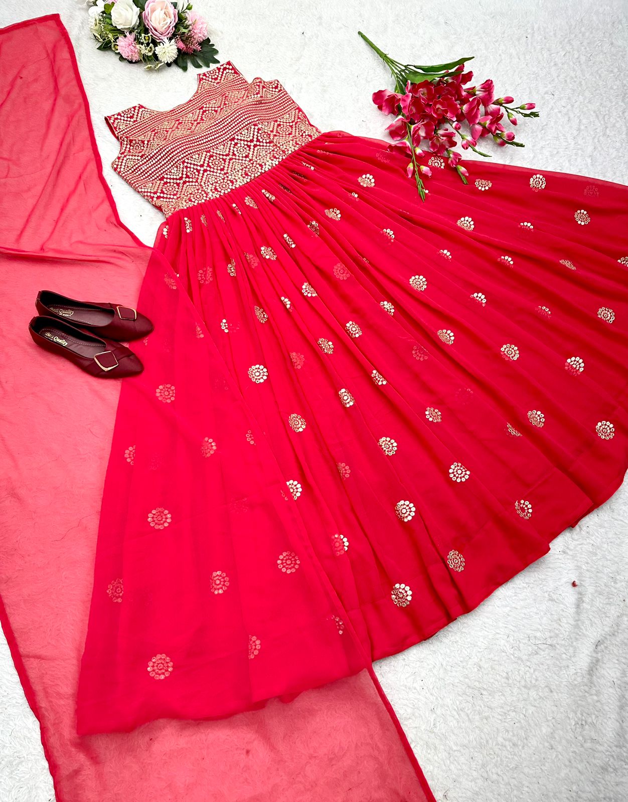 Red Color Sequence Embroidery Work Gown