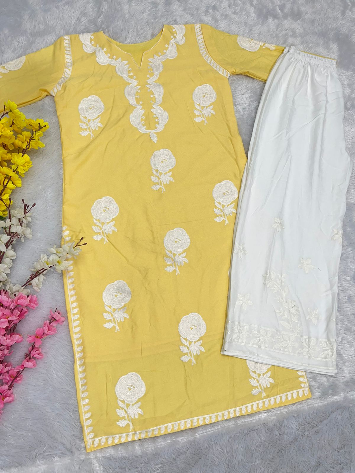 Pretty Chine Stitch Work Yellow Color Rayon Sharara Suit