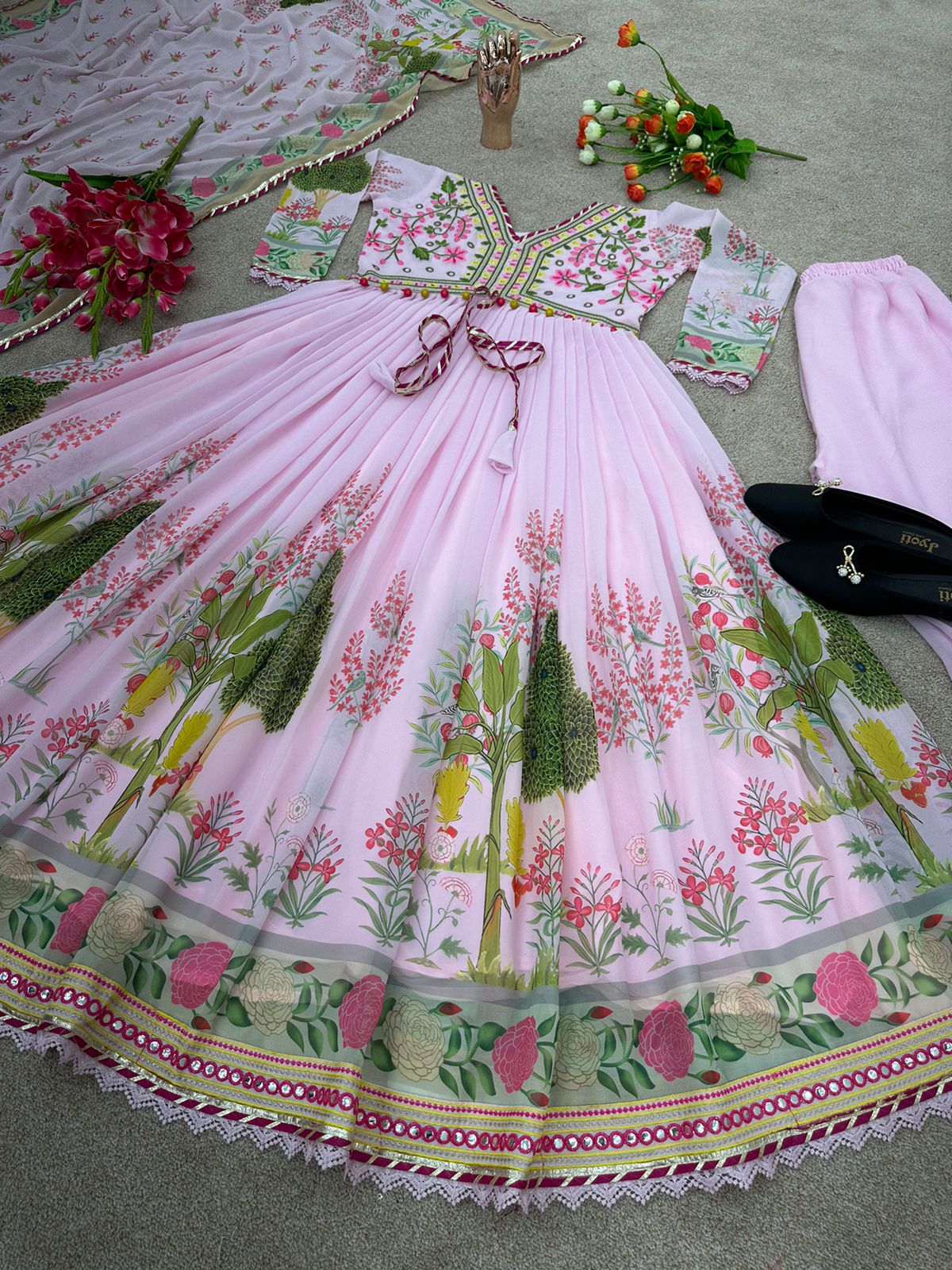 Multi Embroidery Work Light Pink Color Anarkali Gown