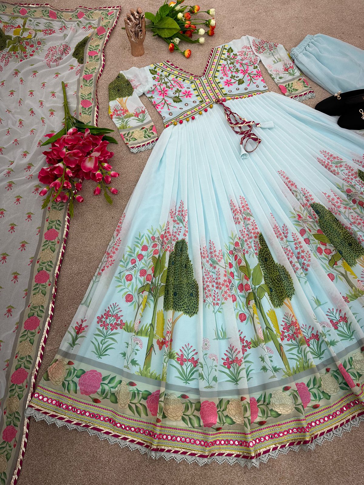 Multi Embroidery Work Sky Blue Color Anarkali Gown