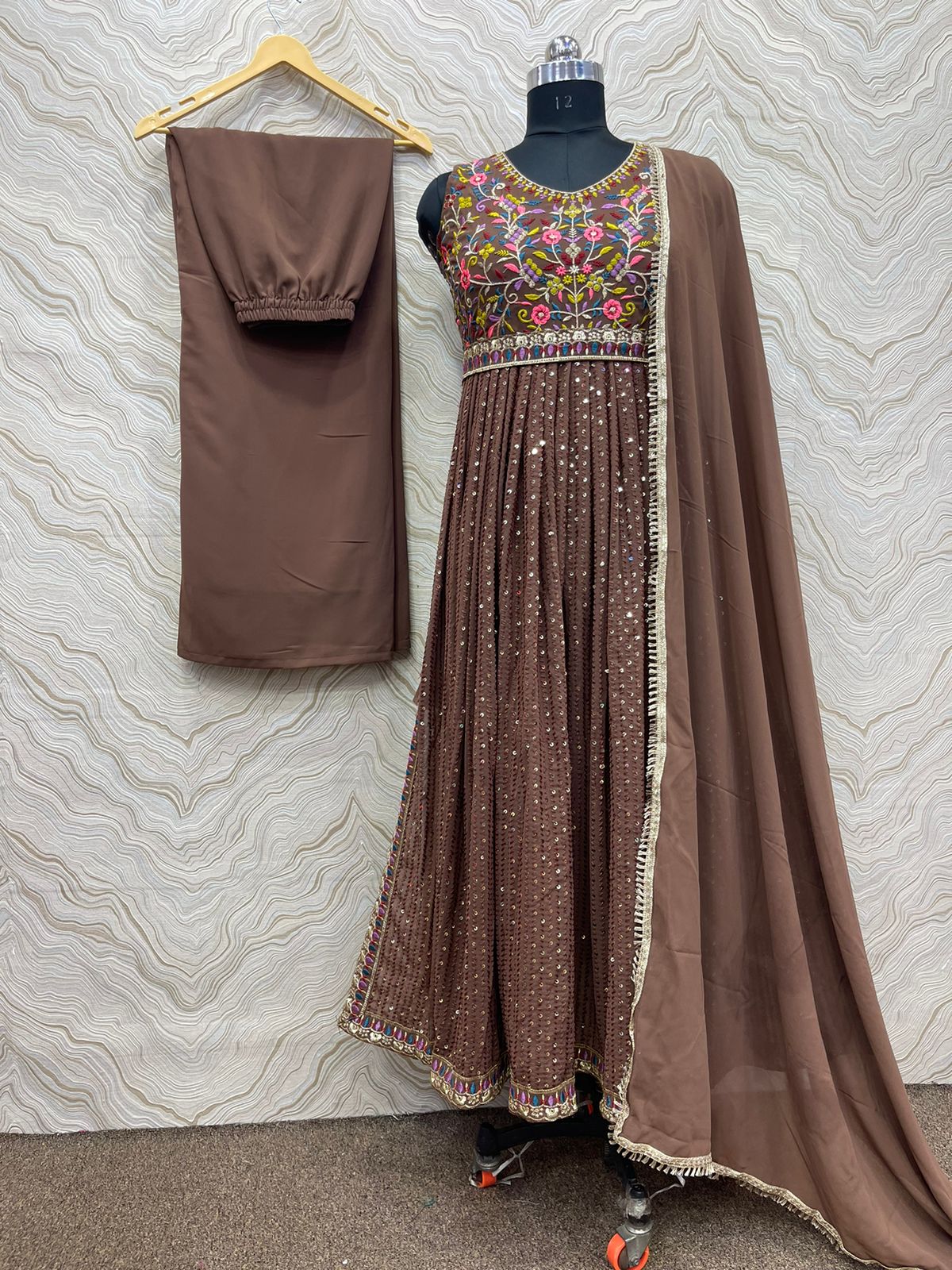 Embellished Sequence Work Brown Color Long Kurti Set