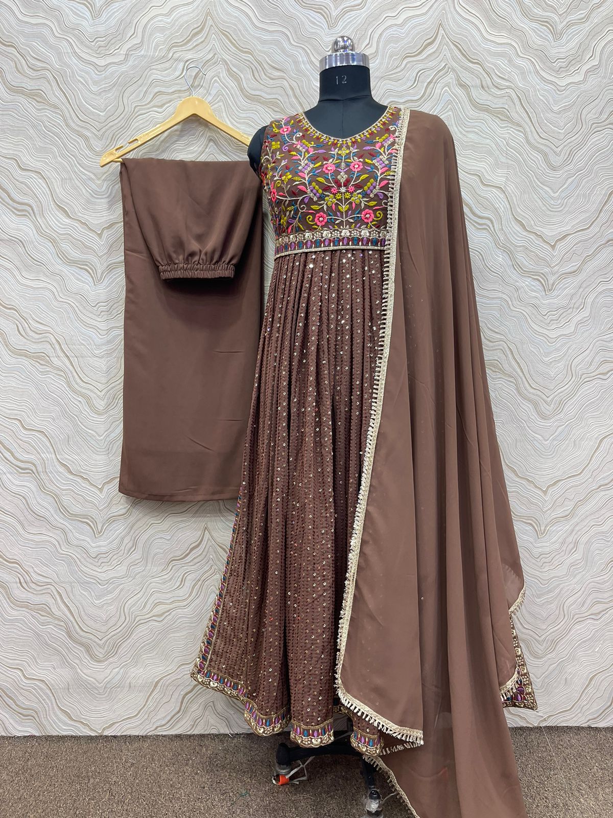 Embellished Sequence Work Brown Color Long Kurti Set