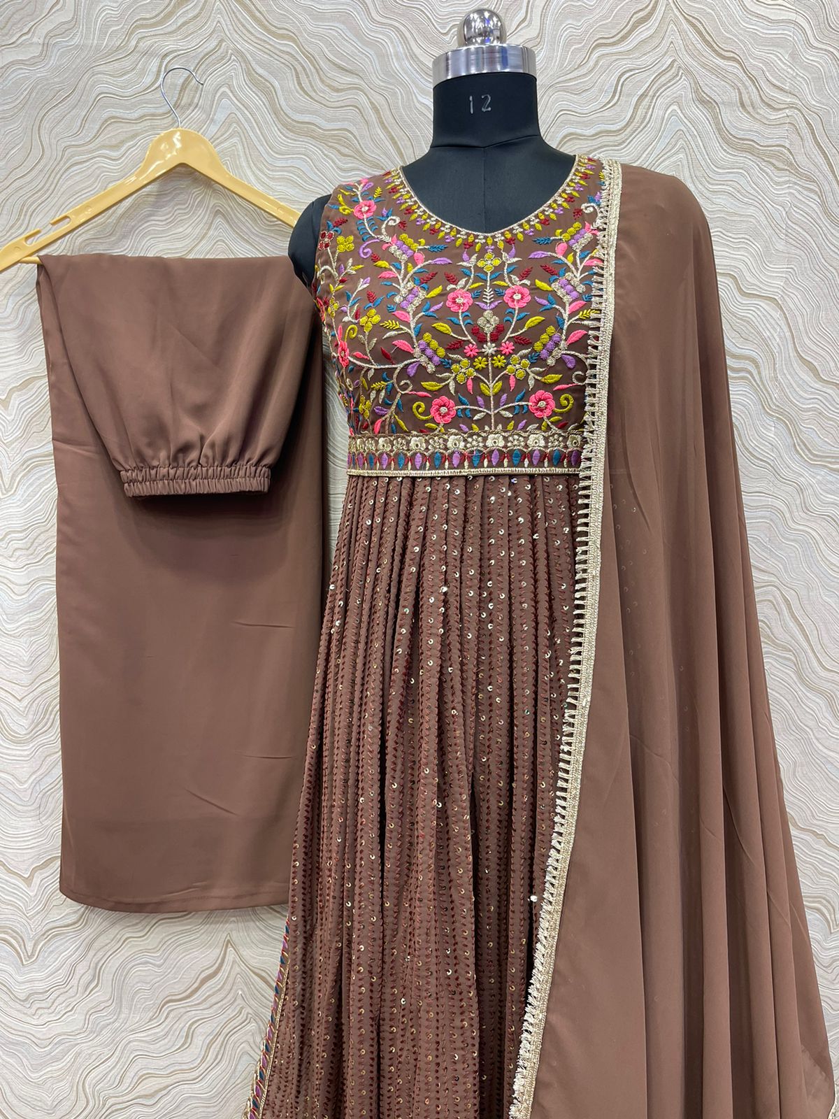 Embellished Sequence Work Brown Color Long Kurti Set