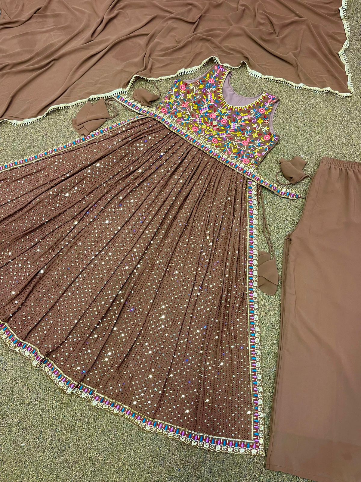 Embellished Sequence Work Brown Color Long Kurti Set